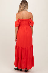 Red Smocked Ruffle Off Shoulder Tiered Maternity Maxi Dress