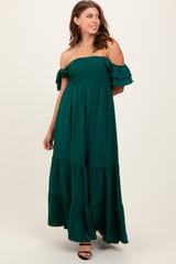 Hunter Green Smocked Ruffle Off Shoulder Tiered Maternity Maxi Dress