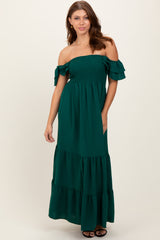 Hunter Green Smocked Ruffle Off Shoulder Tiered Maxi Dress