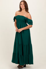 Hunter Green Smocked Ruffle Off Shoulder Tiered Maxi Dress