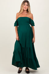 Hunter Green Smocked Ruffle Off Shoulder Tiered Maternity Maxi Dress