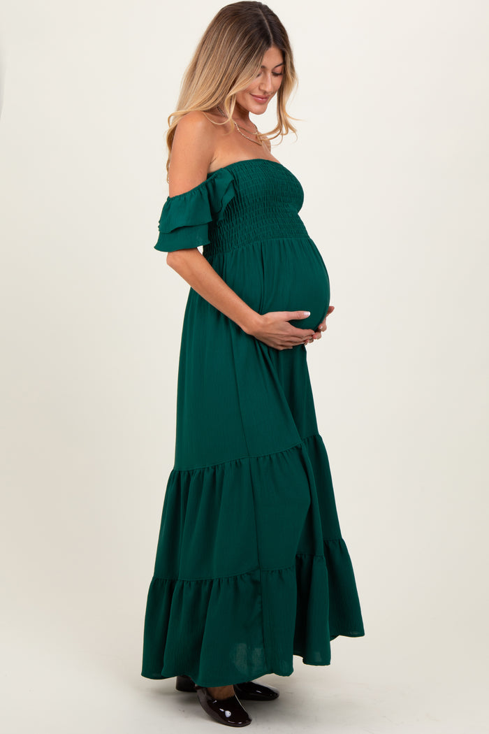 Hunter Green Smocked Ruffle Off Shoulder Tiered Maternity Maxi Dress