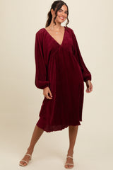 Burgundy Pleated Deep V-Neck Maternity Midi Dress