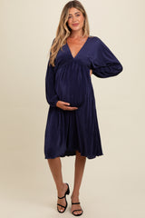 Navy Pleated Deep V-Neck Maternity Midi Dress