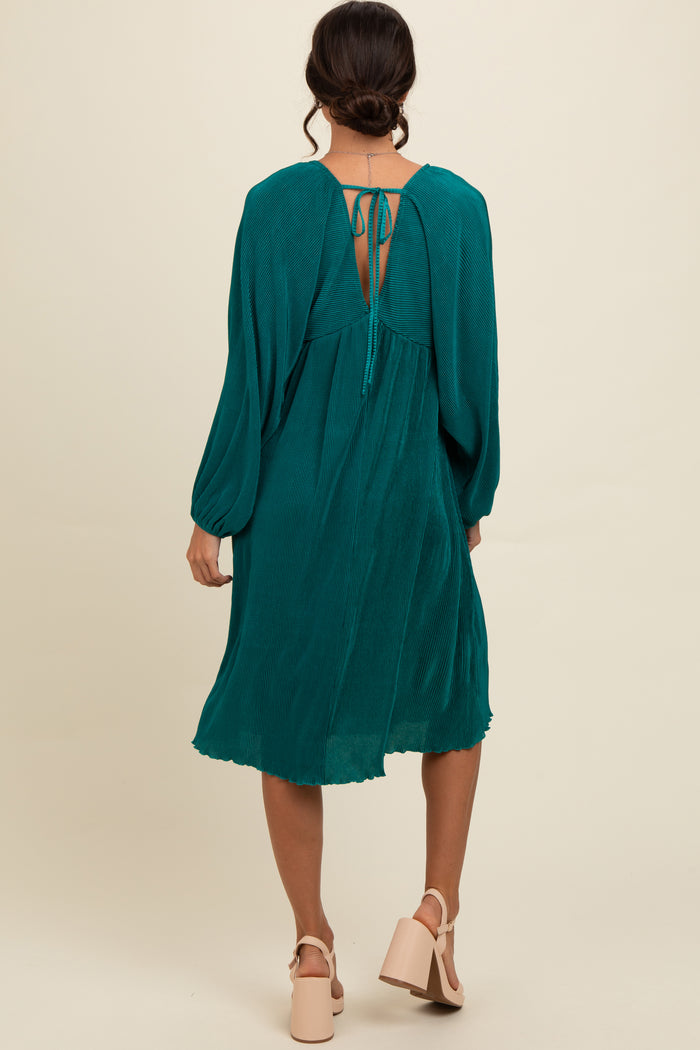 Forest Green Pleated Deep V-Neck Midi Dress