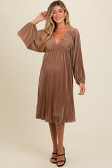 Mocha Pleated Deep V-Neck Maternity Midi Dress