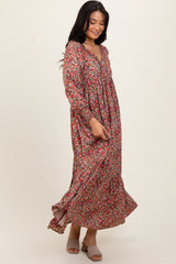 Mocha Floral V-Neck Bubble Sleeve Maternity Maxi Dress