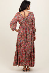 Mocha Floral V-Neck Bubble Sleeve Maxi Dress