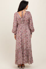 Cream Floral V-Neck Bubble Sleeve Maxi Dress