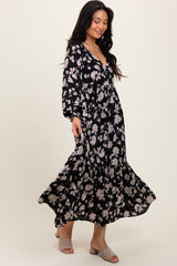 Black Floral Textured Bubble Sleeve Maternity Maxi Dress