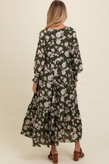 Olive Floral Textured Bubble Sleeve Maternity Maxi Dress