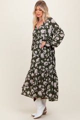 Olive Floral Textured Bubble Sleeve Maxi Dress