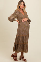 Mocha Floral Lace Trim Bubble Sleeve Maternity Maxi Dress