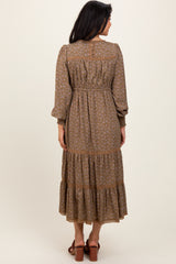 Mocha Floral Lace Trim Bubble Sleeve Maxi Dress