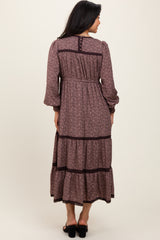 Brown Floral Lace Trim Bubble Sleeve Maxi Dress