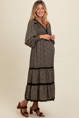 Black Floral Lace Trim Bubble Sleeve Maternity Maxi Dress