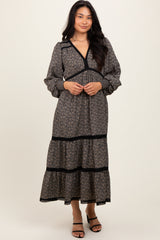 Black Floral Lace Trim Bubble Sleeve Maternity Maxi Dress