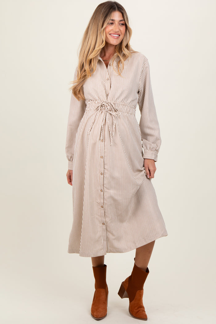 Mocha Striped Sash Tie Maternity Midi Shirt Dress