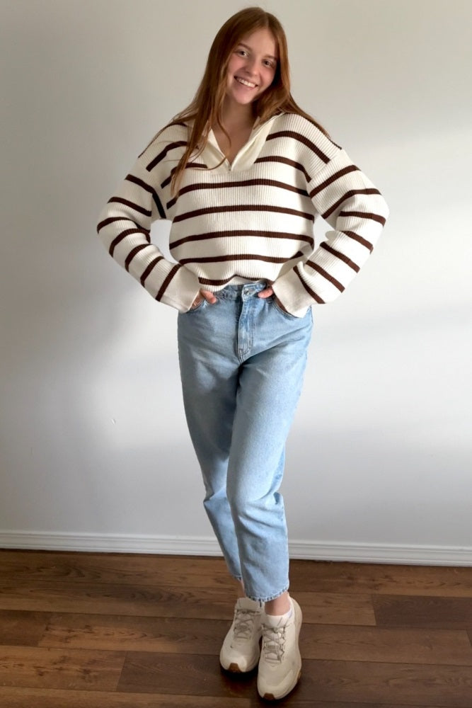Brown Striped Knit Half Zip Sweater
