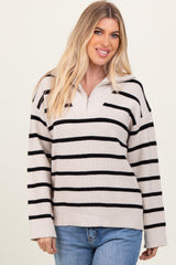 Cream Black Striped Knit Half Zip Maternity Sweater