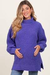 Periwinkle Chunky Waffle Knit Maternity Turtleneck Sweater