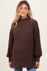 Brown Chunky Waffle Knit Maternity Turtleneck Sweater