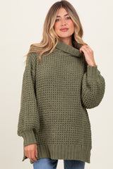 Olive Chunky Waffle Knit Maternity Turtleneck Sweater