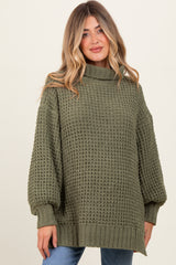 Olive Chunky Waffle Knit Maternity Turtleneck Sweater