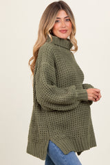 Olive Chunky Waffle Knit Maternity Turtleneck Sweater