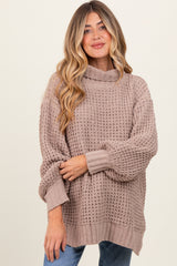 Dark Beige Chunky Waffle Knit Maternity Turtleneck Sweater