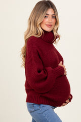 Burgundy Chunky Knit Turtleneck Maternity Sweater