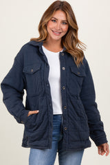 Navy Oversized Collared Button Down Quilted Jacket