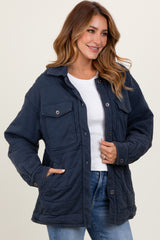 Navy Oversized Collared Button Down Quilted Jacket