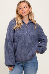 Blue Chunky Knit Quarter Zip Sweater
