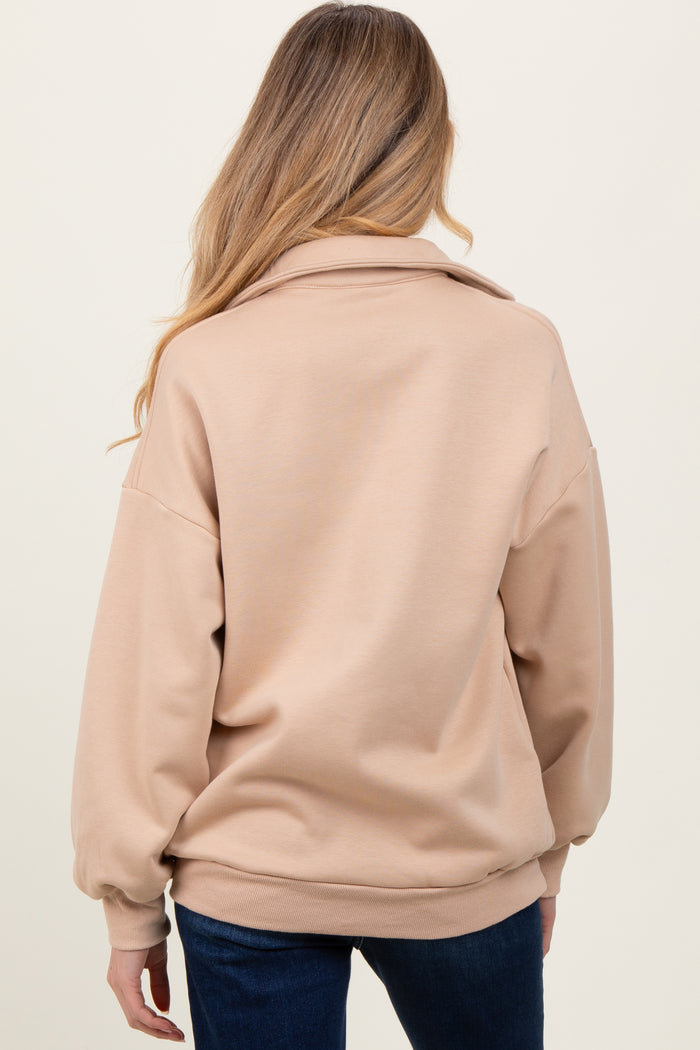Beige Oversized Long Sleeve Polo Maternity Pullover