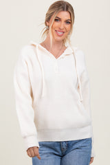 Cream Ribbed Knit Button Front Hooded Sweater