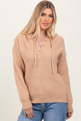 Beige Ribbed Knit Button Front Hooded Maternity Sweater