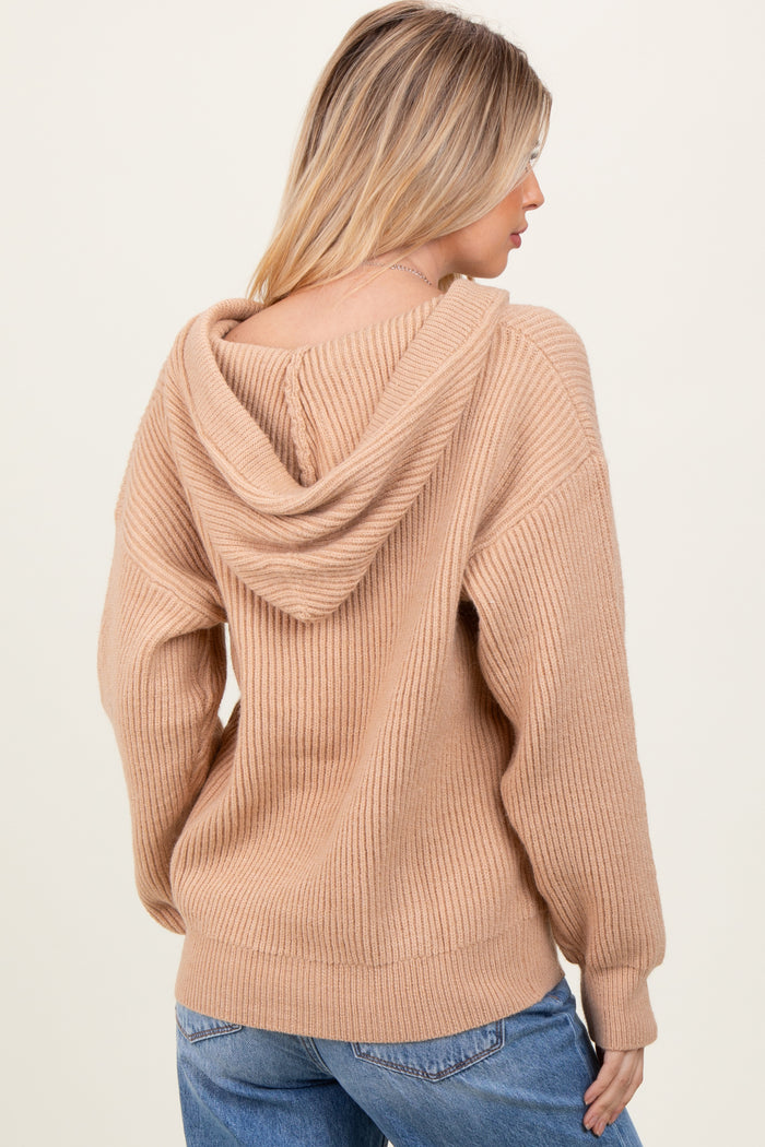 Beige Ribbed Knit Button Front Hooded Sweater