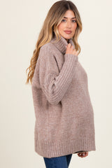 Beige Contrast Ribbed Knit Turtleneck Maternity Sweater