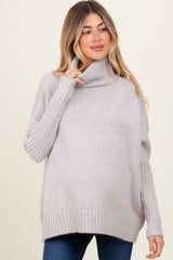 Light Grey Contrast Ribbed Knit Turtleneck Maternity Sweater