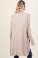 Beige Contrast Rib Long Open Cardigan