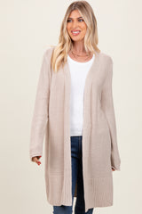 Beige Contrast Rib Long Open Cardigan