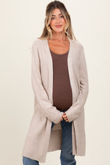 Beige Contrast Rib Long Maternity Open Cardigan