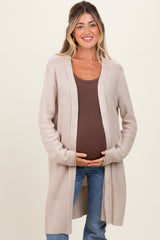 Beige Contrast Rib Long Maternity Open Cardigan