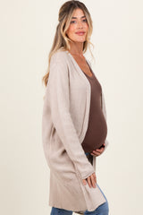 Beige Contrast Rib Long Maternity Open Cardigan