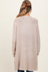 Beige Contrast Rib Long Maternity Open Cardigan