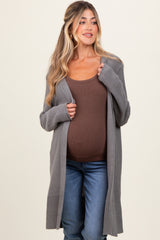 Charcoal Contrast Rib Long Maternity Open Cardigan