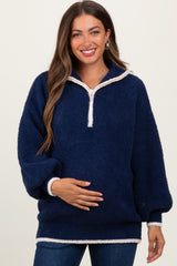 Navy Soft Fuzzy Knit Quarter Zip Maternity Pullover Sweater