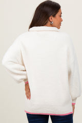 Cream Soft Fuzzy Knit Quarter Zip Maternity Pullover Sweater