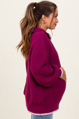 Magenta Soft Fuzzy Knit Quarter Zip Maternity Pullover Sweater